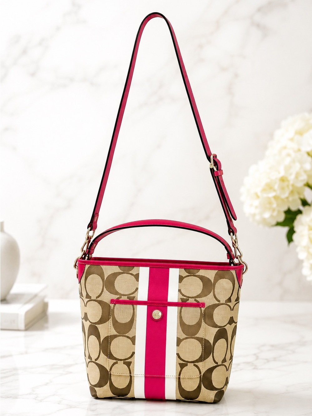 Vintage Coach Hamptons Signature Stripe Tote Pink Y2K Shoulder Crossbody Purse